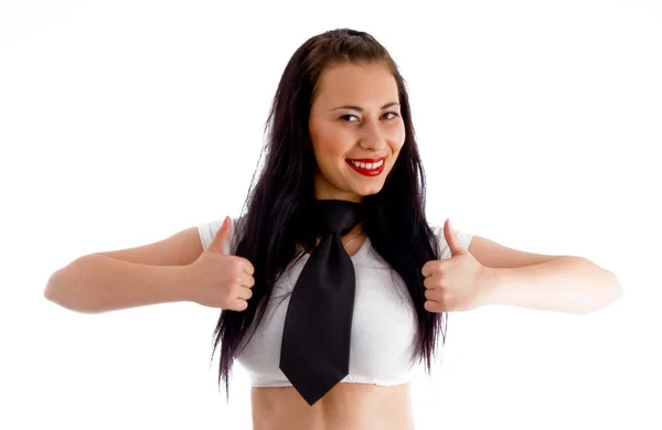 Pretty woman posing with thumbs up — Stock Photo, Image