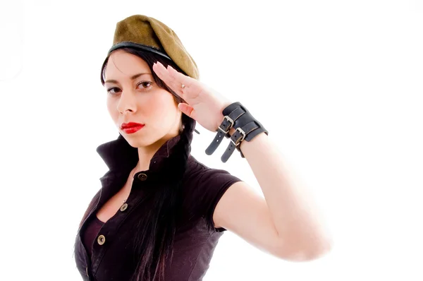 Pretty young female saluting in style — Stock Photo, Image