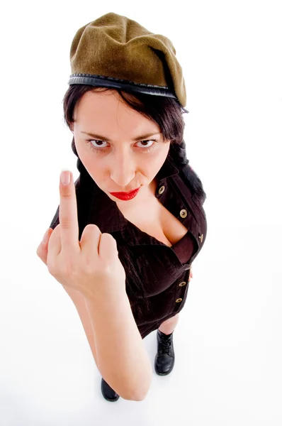 Young woman with vulgar hand gesture — Stock Photo, Image