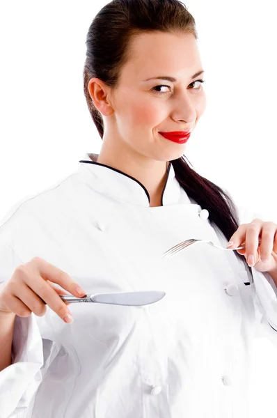 Smart chef κρατώντας πηρούνι και μαχαίρι — Φωτογραφία Αρχείου