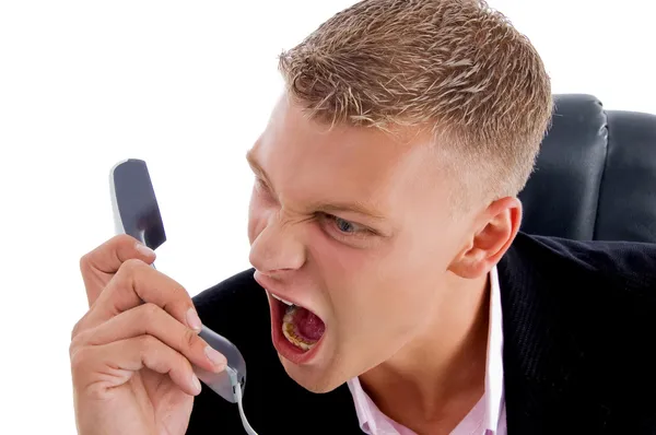 Angry boss shouting on phone — Stock Photo, Image