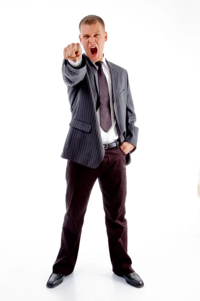 Shouting accountant pointing at camera — Stock Photo, Image