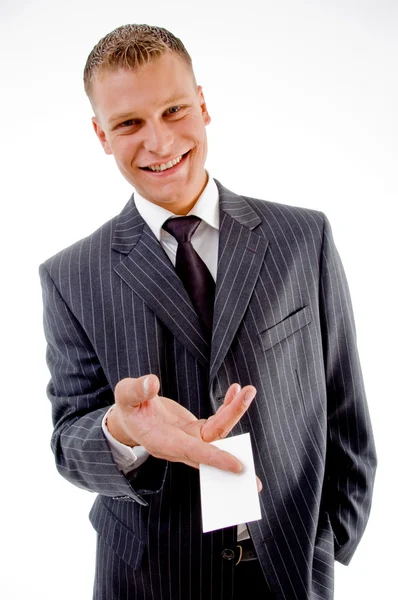 Pleased executive holding business card — Stock Photo, Image