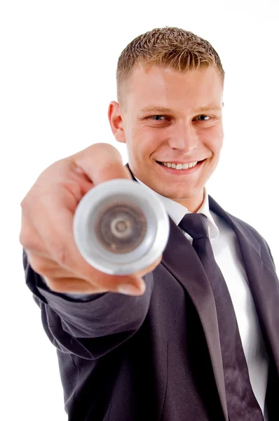 Handsome executive holding electric bulb — Stock Photo, Image