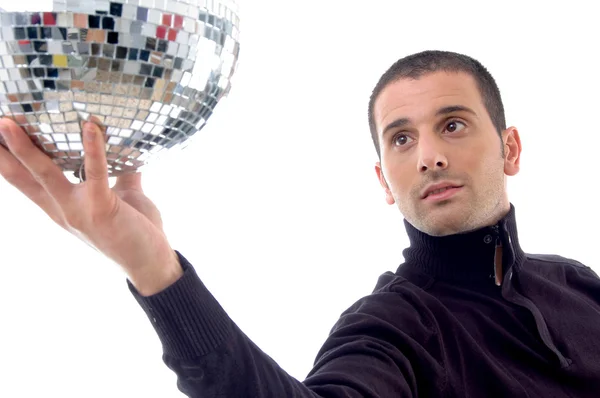 Young guy holding shiny disco ball — Stock Photo, Image