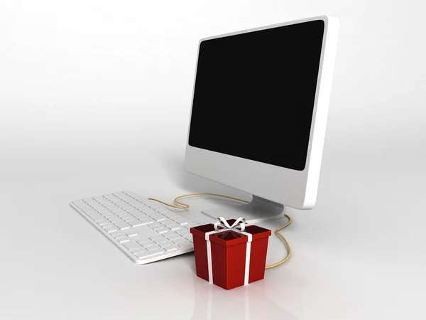 Three dimensional computer and gift box — Stock Photo, Image