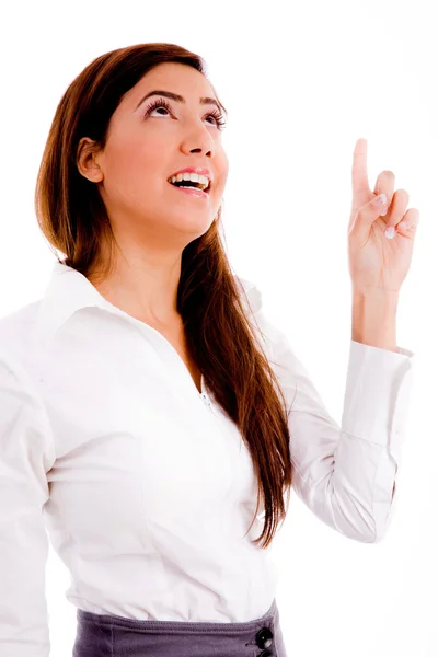 Businesswoman pointing up — Stock Photo, Image