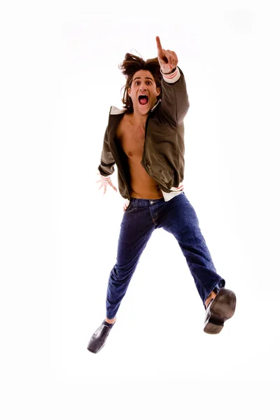 Pointing male jumping high — Stock Photo, Image