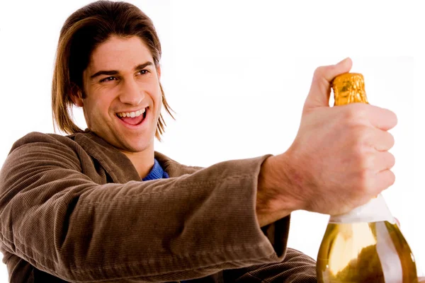 Láhev šampaňského hospodářství člověka — Stock fotografie