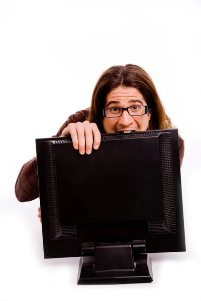 Angry man with pc monitor — Stock Photo, Image