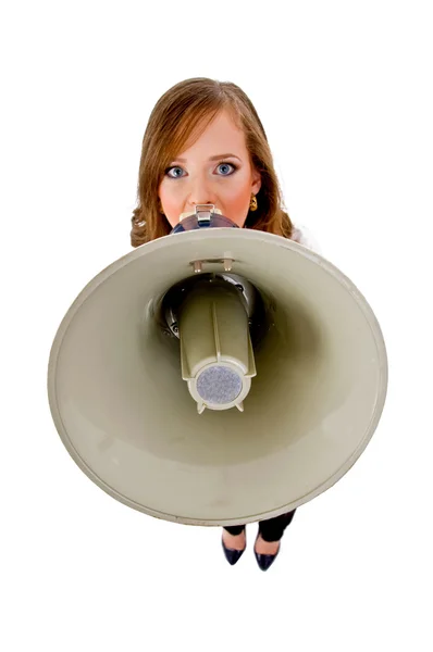 Mulher segurando alto-falante — Fotografia de Stock