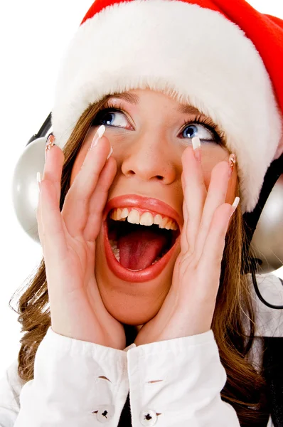 Shouting woman wearing headphones — Stock Photo, Image