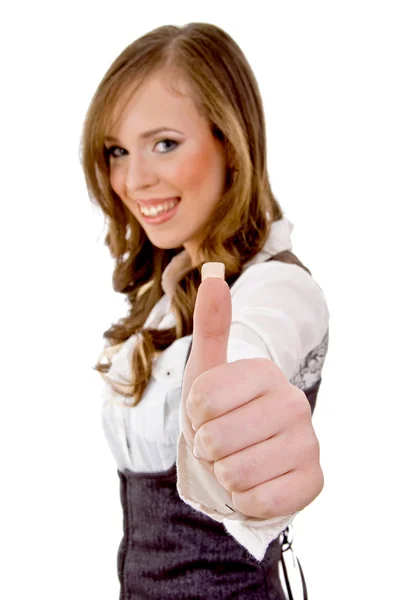 Glimlachende vrouw met duimen omhoog — Stockfoto