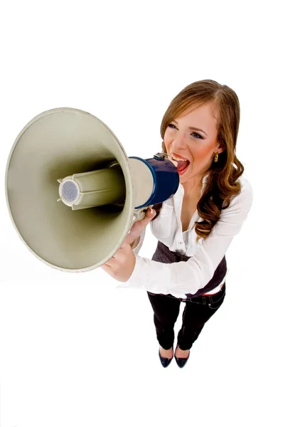 Female holding loudspeaker — Stock Photo, Image