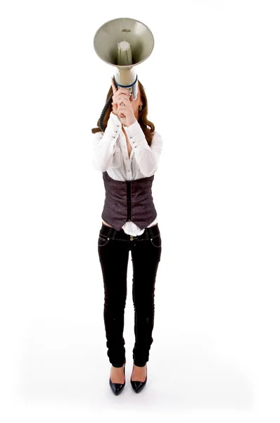 Female carrying loudspeaker — Stock Photo, Image