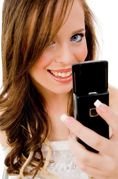 Woman holding mobile — Stock Photo, Image