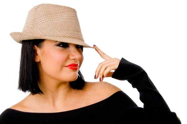 Porträtt av leende kvinna bära hatt — Stockfoto