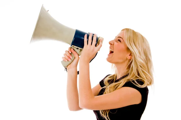 Woman shouting in loud speaker — Stock Photo, Image