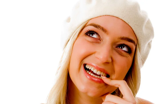 Smiling young woman looking up — Stock Photo, Image