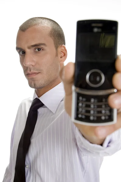Businessman holding mobile — Stock Photo, Image
