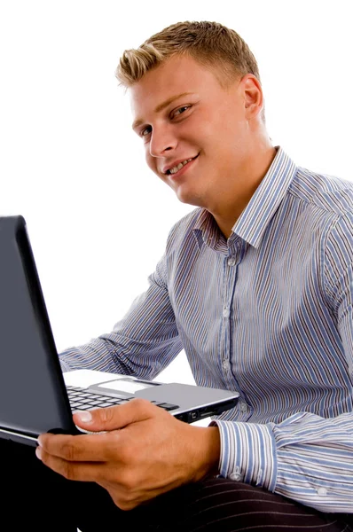 Happy man holding laptop Royalty Free Stock Images