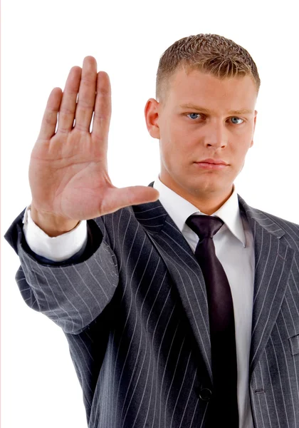 Young manager showing stop gesture Stock Picture