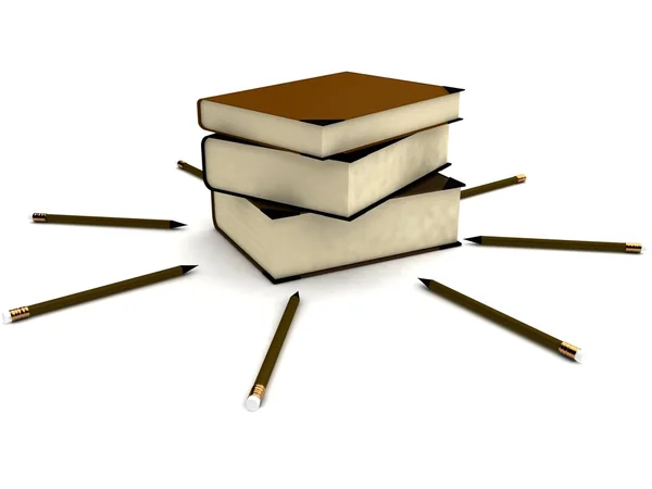 3d stack of books and pencils — Stock Photo, Image