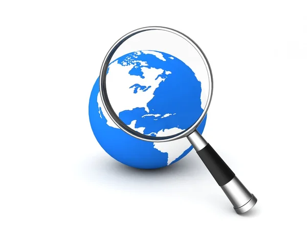 3d magnifier on globe — Stock Photo, Image
