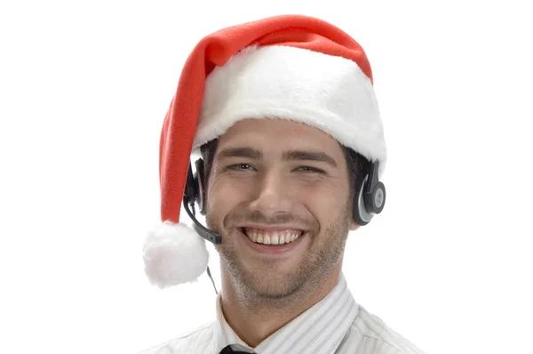 Hombre de negocios feliz posando con auriculares — Foto de Stock