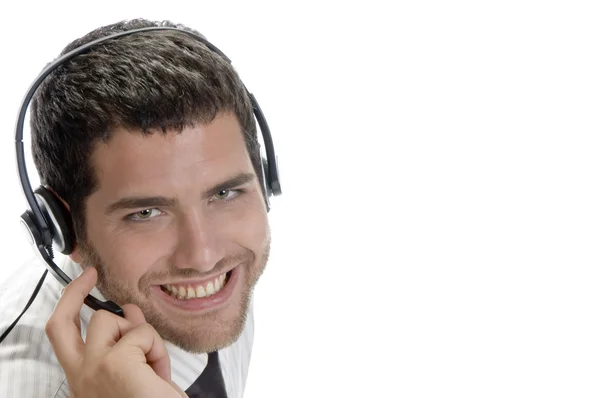 Homem caucasiano usando fone de ouvido — Fotografia de Stock