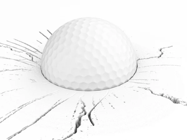 3D белый мяч для гольфа на треснувшей поверхности — стоковое фото