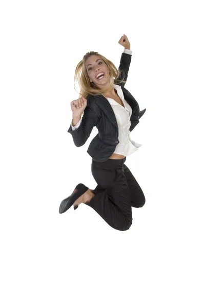 Glada affärskvinna hoppar högt — Stockfoto