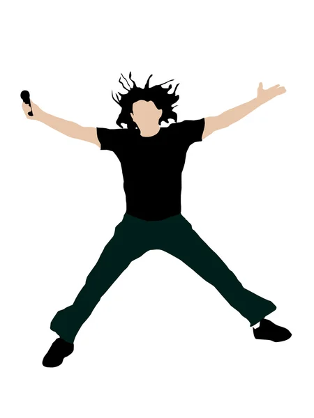 Salto maschile in aria in possesso di microfono — Foto Stock