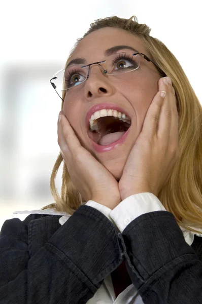Shocked female with hands on face — Stock Photo, Image