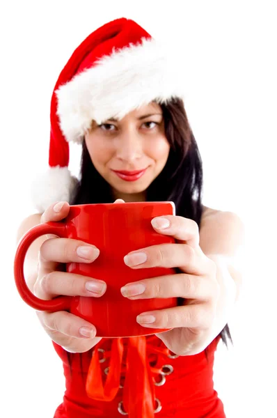 Christmas lady holding coffee mug — Zdjęcie stockowe