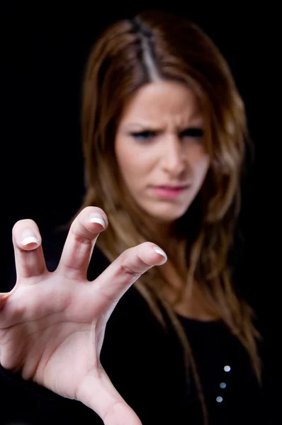 Beautiful female showing hand gesture — Stock Photo, Image