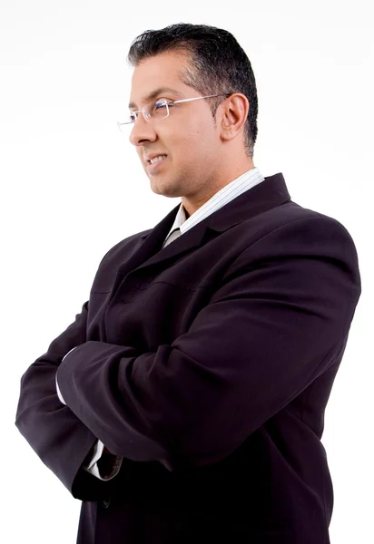 Side view of smiling boss with crossed arms — Stock Photo, Image