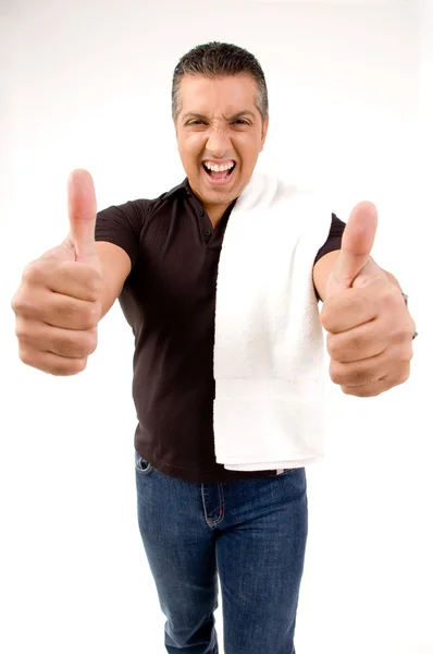 Šťastný muž ukazuje palec — Stock fotografie