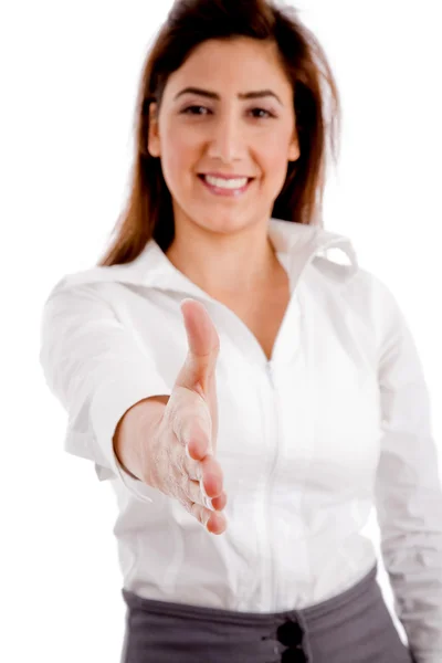 Sorrindo feminino oferecendo aperto de mão — Fotografia de Stock