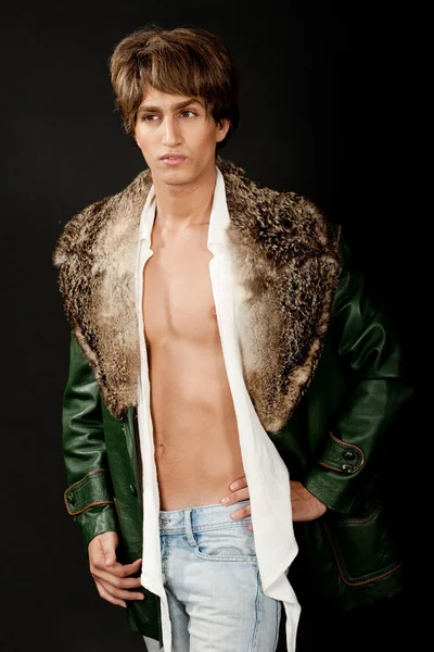 Young guy wearing furry jacket — Stock Photo, Image