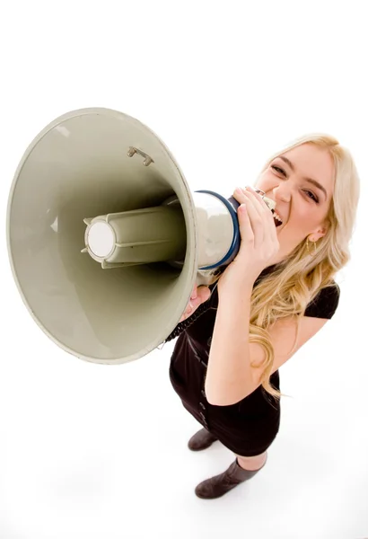 Mulher gritando em alto-falante — Fotografia de Stock