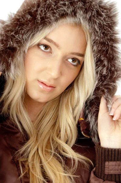 Beautiful model with hood coat — Stock Photo, Image