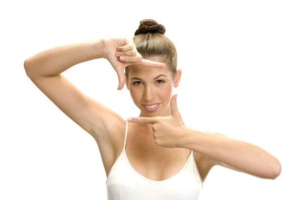 Mulher branca mostrando gesto quadro — Fotografia de Stock