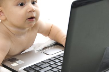 Young child looking at laptop clipart