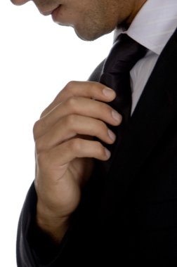 Well dressed businessman adjusting his tie clipart