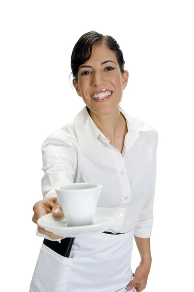 Garson servis kahve gülümseyen — Stok fotoğraf