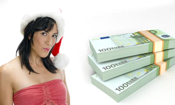 Vacker kvinna bredvid 3d valuta buntar — Stockfoto