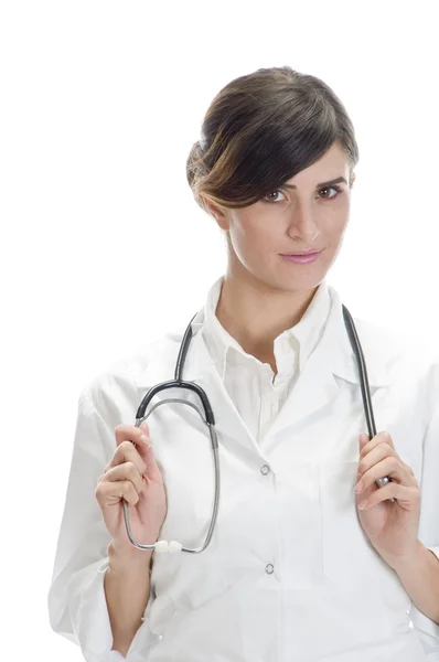 Lady läkare anläggning stetoskop — Stockfoto