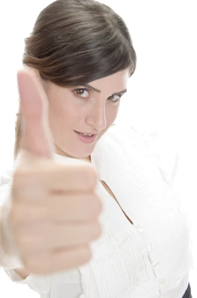 Smiling lady showing approval sign — Stock Photo, Image