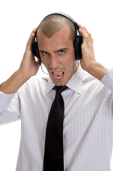 Empresário com fones de ouvido gritando — Fotografia de Stock
